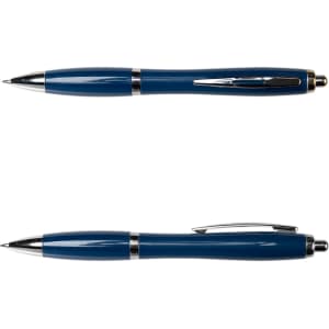A blue metal pen with a sleek design and silver accents, featuring a clip and a writing tip.