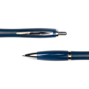 A blue metal pen with a sleek design and silver accents, featuring a clip and a retractable tip.