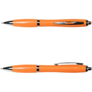 An orange metal pen with a shiny silver clip and trim, displayed from two angles.
