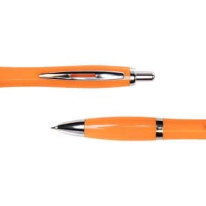 An orange metal pen with a chrome clip and tip, displayed from two angles. Features a branding logo.