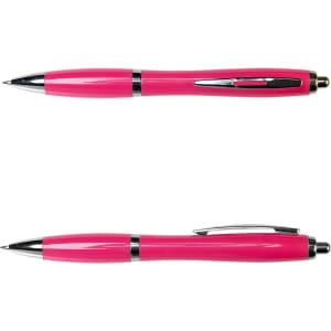A pink metal pen with a sleek design and silver accents, featuring a clip and a retractable tip.