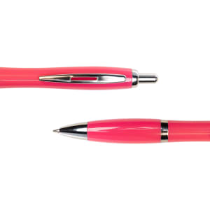 A pink metal pen with a silver clip and tip, showcasing its sleek design from different angles.