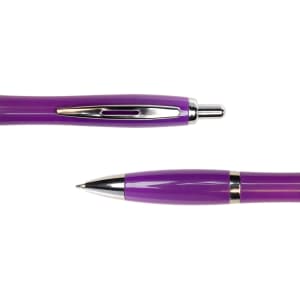 A purple metal pen featuring a sleek design with a shiny silver clip and tip.