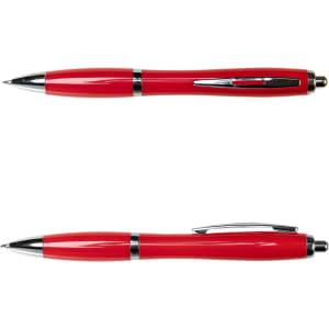 A metal pen in vibrant red with silver accents, featuring a sleek design and a clip for easy attachment.