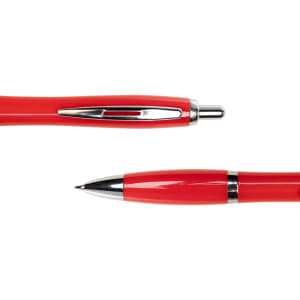 A metal pen in a bold red color with silver accents. The pen features a sleek design and a clip for easy attachment.