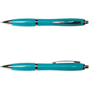 A metal pen in a vibrant turquoise color with a sleek design and a clip, featuring a shiny silver accent.