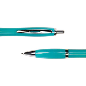 A metal pen in a vibrant turquoise color with a shiny silver clip and tip. It features a sleek design.