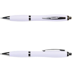 A white metal pen with chrome accents, featuring a sleek design and a push-button mechanism.