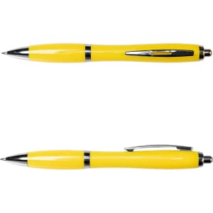 A metal pen in vibrant yellow with black accents, featuring a shiny finish and a clip for attachment.