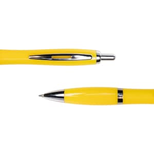 A metal pen in bright yellow with a chrome clip and tip, featuring a shiny finish.