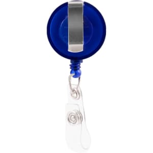 A retractable name badge holder in blue with a metal clip and a clear attachment for securing badges.