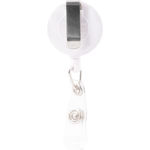 A retractable name badge holder with a clip on the back and a clear plastic strap for attaching badges.