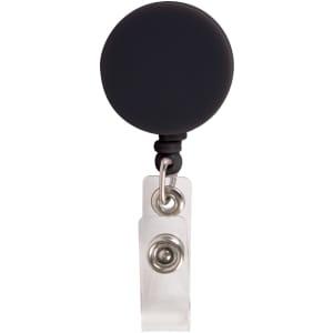 A retractable name badge holder with a black round top and a transparent strap for attaching badges.