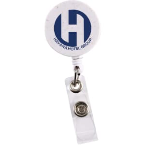 A retractable badge holder in white with a circular top featuring a logo and a clear strap for attachment.