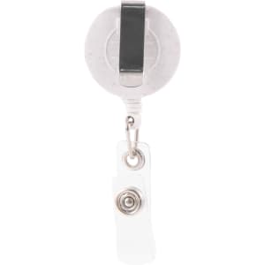 A retractable badge holder made from wheat straw, featuring a clip for attachment and a clear strap for securing badges.