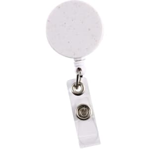 A retractable badge holder made from wheat straw, featuring a round white body with speckles and a clear strap.