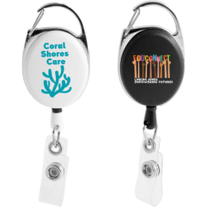 A premium retractable ID badge holder featuring a white side with a coral design and a black side with a logo.