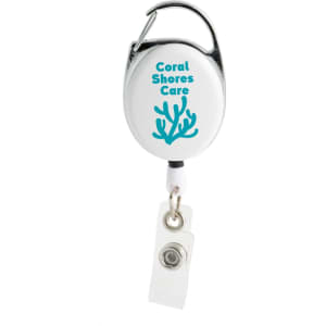 A premium retractable ID badge holder in white with a silver clip and a colorful logo. The badge holder extends with a clear strap.