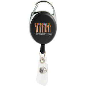 A black retractable ID badge holder with a clip and a clear badge attachment. It features a logo.