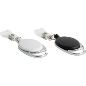 A Premium Retractable ID Badge Holder in black and white with a metal clip and a retractable cord for easy access.