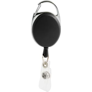 A Premium Retractable ID Badge Holder featuring a black circular reel with a silver clip and a clear badge attachment.