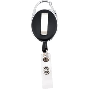 A black and silver premium retractable ID badge holder with a clear reel and a clip.