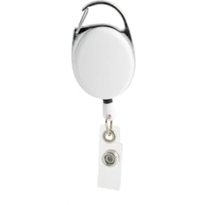 A Premium Retractable ID Badge Holder with a white circular casing and a clear badge clip.