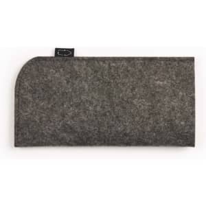 A gray felt pouch with a rounded edge and a tag, designed for holding sunglasses.