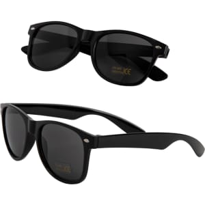 Two pairs of black sunglasses, featuring a classic design, resting against a white background.