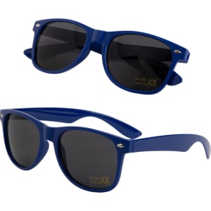 Blue sunglasses with dark lenses, featuring a logo on the side, showcased from different angles.