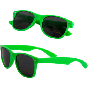 Green sunglasses with dark lenses, featuring a stylish design and a branded logo.