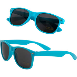 A pair of turquoise sunglasses with dark lenses, featuring a sleek design and a logo on the side.