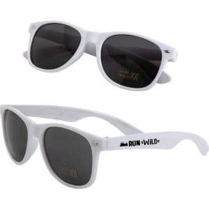 White sunglasses with dark lenses, featuring a logo on the arm, displayed from two angles.