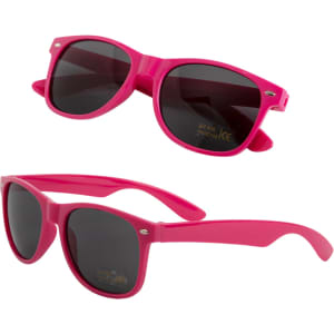 Bright pink sunglasses with dark lenses and a stylish frame, featuring a logo on the side.