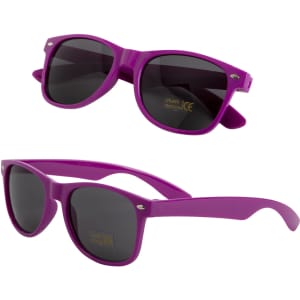 Purple sunglasses with dark lenses, featuring a logo on the side, displayed from two angles.