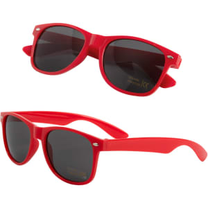 Red sunglasses with dark lenses, featuring a classic design and a small logo on the side.