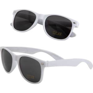White sunglasses with dark lenses displayed from different angles. Includes a logo on the temple.