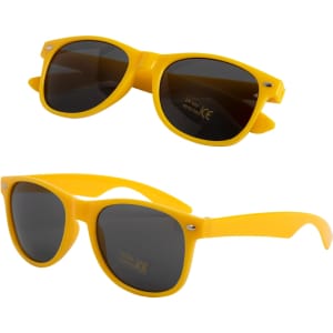 A pair of yellow sunglasses with dark lenses and a logo on the side.