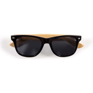 Bamboo sunglasses with a black frame and dark lenses, featuring a light bamboo accessory in the background.