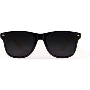 Bamboo sunglasses with a black frame and dark lenses, featuring a logo on the side.
