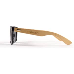 Bamboo sunglasses featuring a stylish black front and natural bamboo arms, with a logo on the arm.