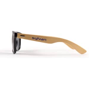 Bamboo sunglasses with black lenses and a natural bamboo arm featuring a logo on the side.