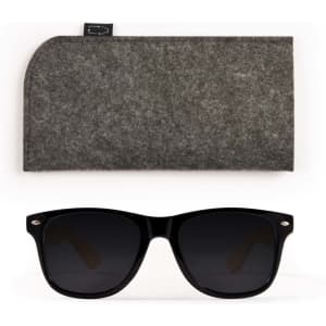 A pair of black sunglasses with dark lenses, accompanied by a gray felt case.