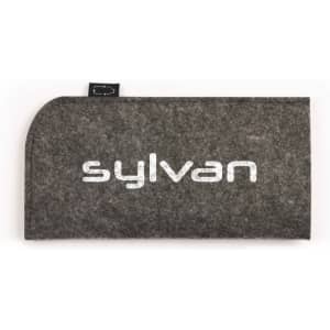 A grey felt sunglasses case with a rounded edge and a brand logo displayed prominently.