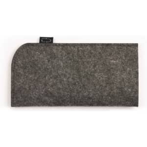 A grey felt sleeve for protecting sunglasses, featuring a rounded edge. It has a small logo on the side.