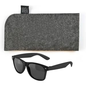 A pair of black sunglasses with dark lenses is displayed alongside a grey felt protective case.