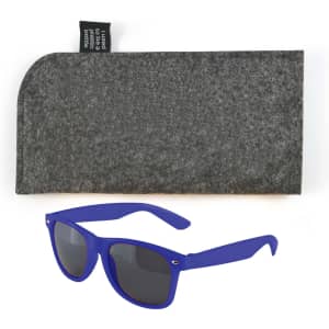 A pair of blue sunglasses accompanied by a gray protective case.