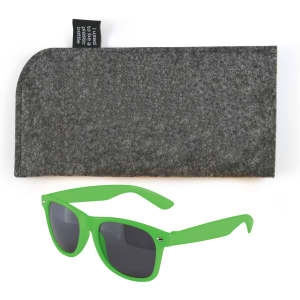 A pair of green sunglasses with dark lenses and a grey felt case.
