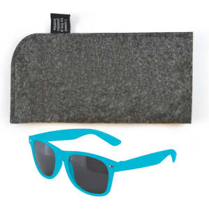A pair of turquoise sunglasses accompanied by a gray felt case.
