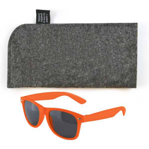 A pair of bright orange sunglasses with dark lenses next to a gray felt case.
